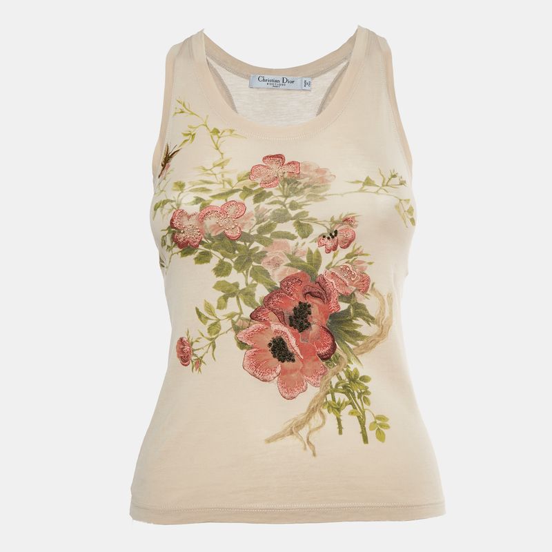 Christian Dior Boutique Pink Floral Embroidered Jersey Tank Top S